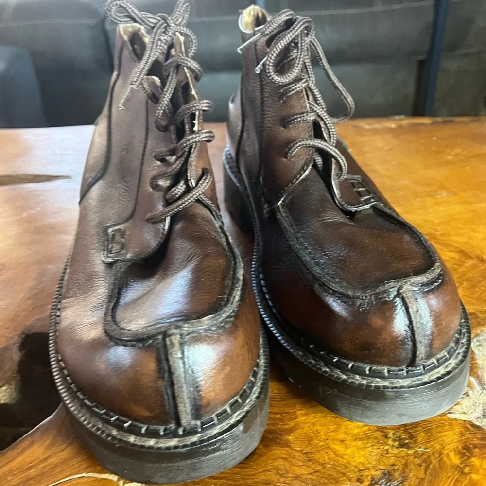 Unlisted by Kenneth Cole Brown Distressed Leather Moc Toe Lug Sole Boots Size 12